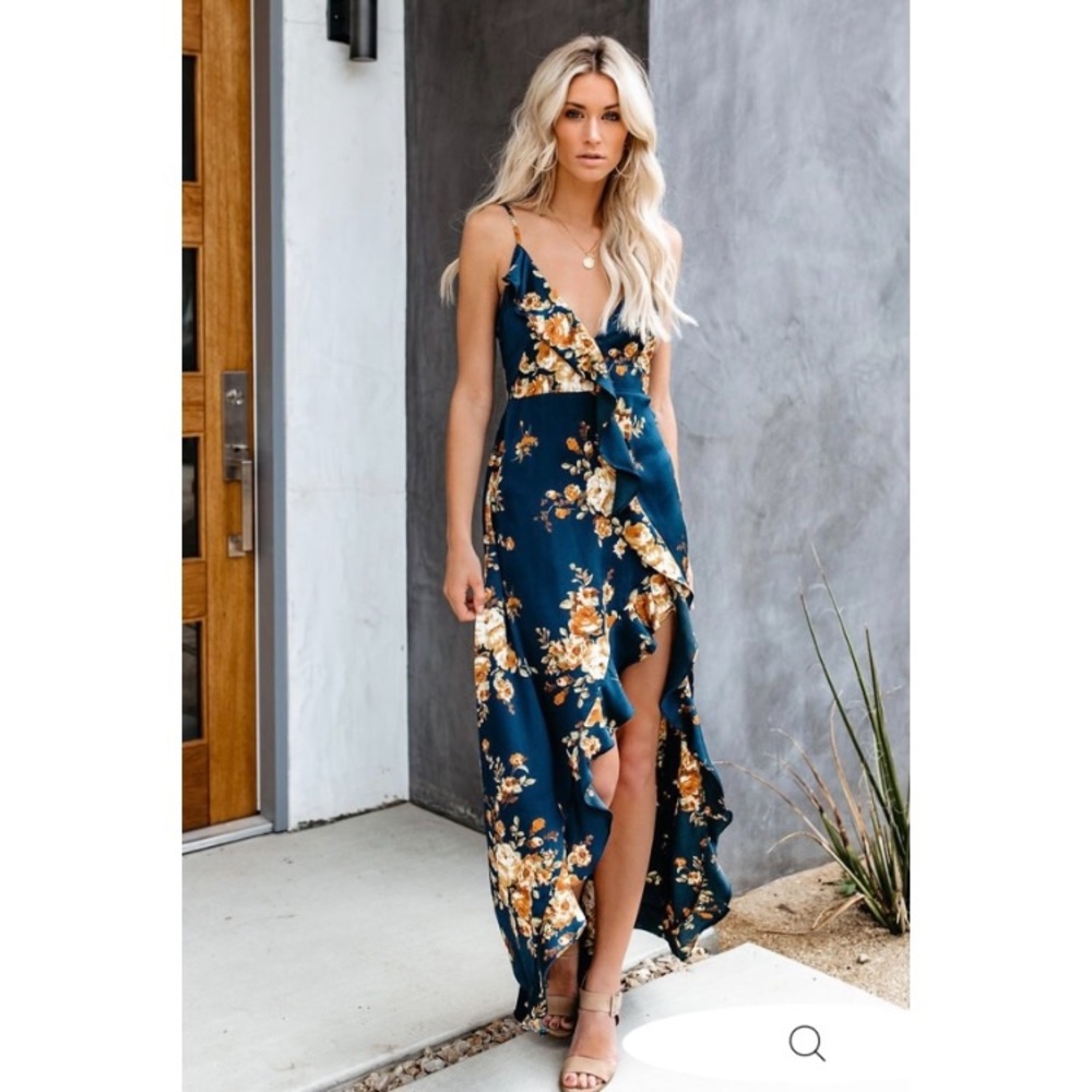 Vici Capriccio Satin Floral Ruffle Maxi dress